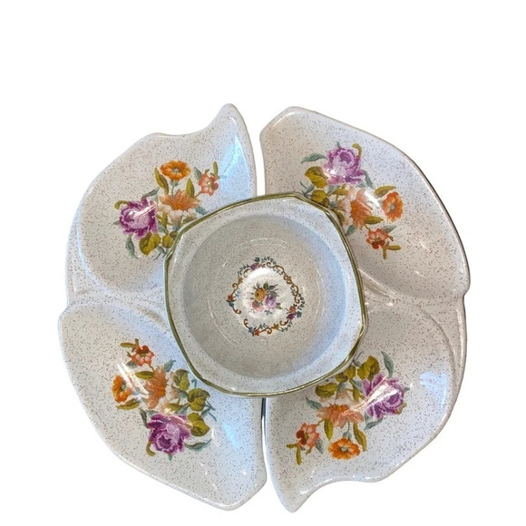 Vintage California pottery needlepoint Floral Lazy Susan appetizer serving dish - Picture 2 of 7